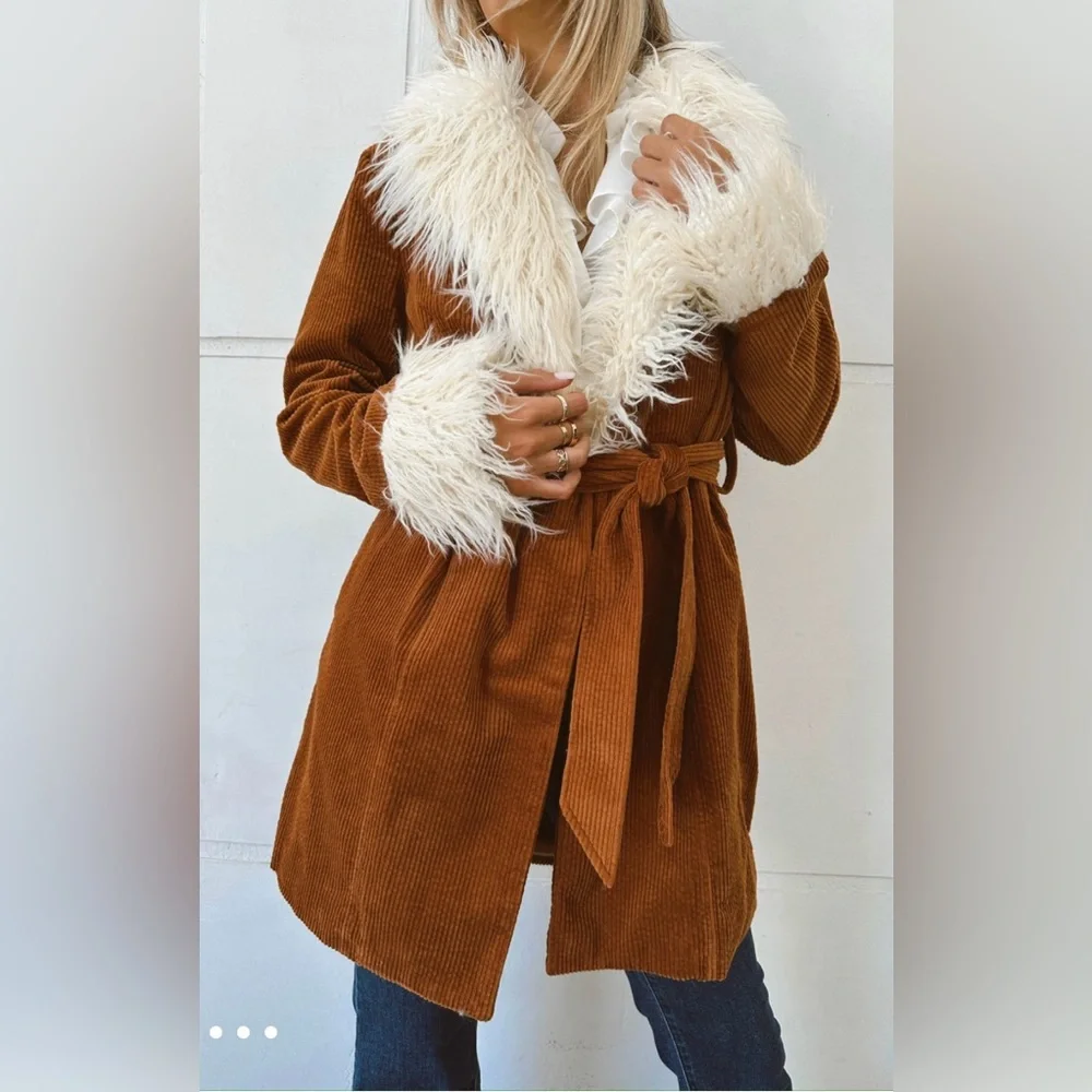 Show Me Your Mumu Penny Lane Coat Sienna Corduroy Jacket Faux Fur Trim NWT - Picture 2 of 15
